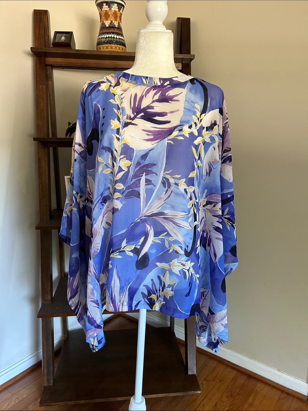 Chico's Blue and Purple Floral Sheer Bat Wing poncho